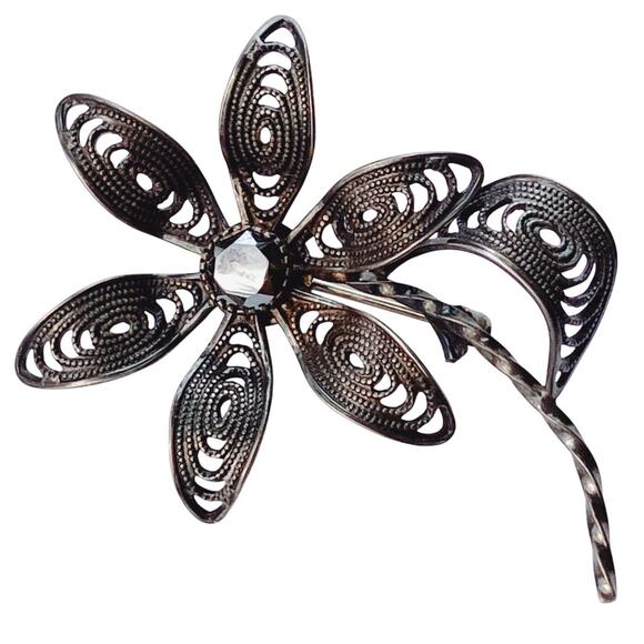 VTG Sterling Silver 925 Gemstone Brooch Mid Century Filigree Flower Black Spinel - Picture 4 of 10